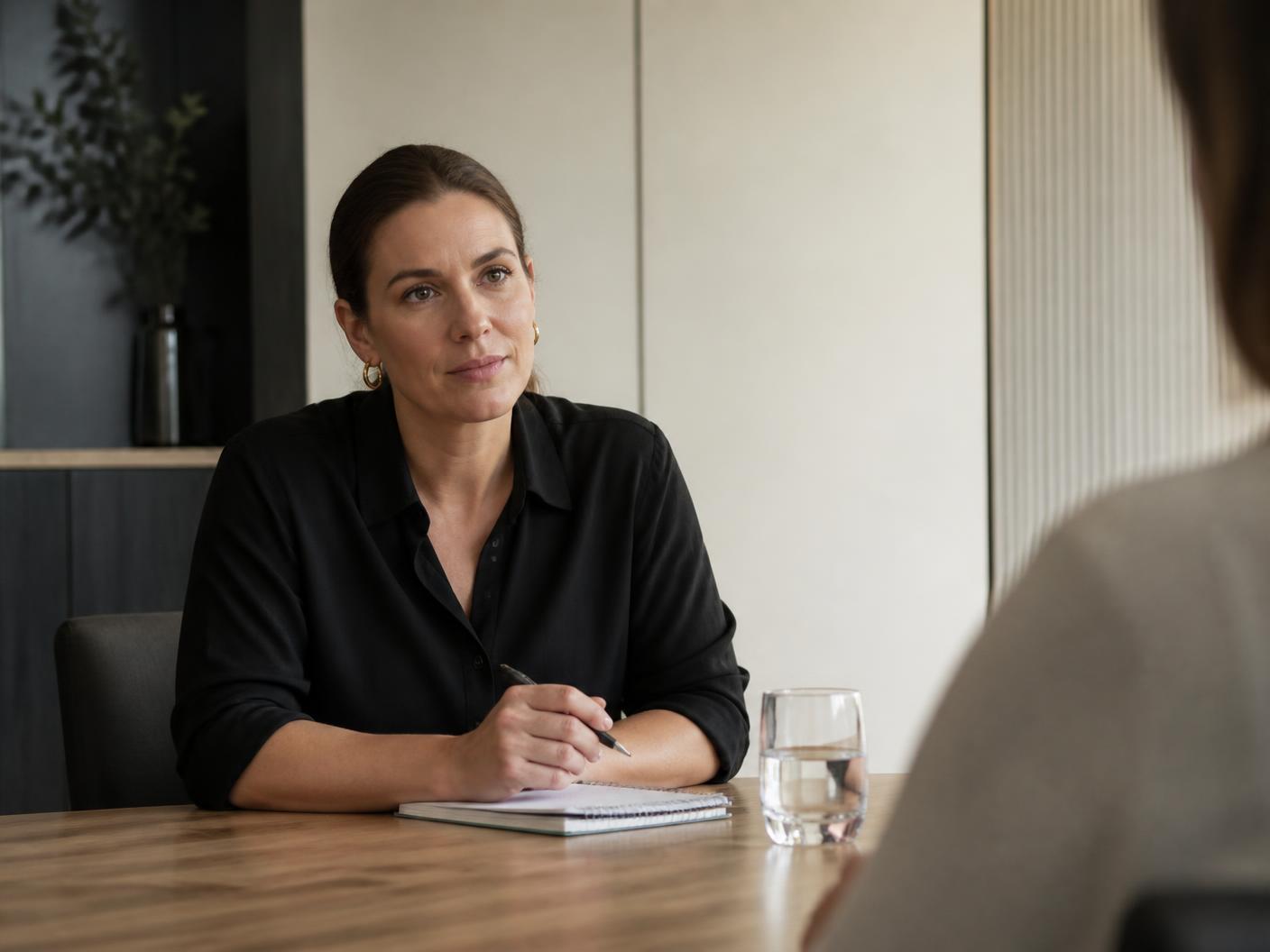 A recruitment consultant listening during a client meeting in an Australian office