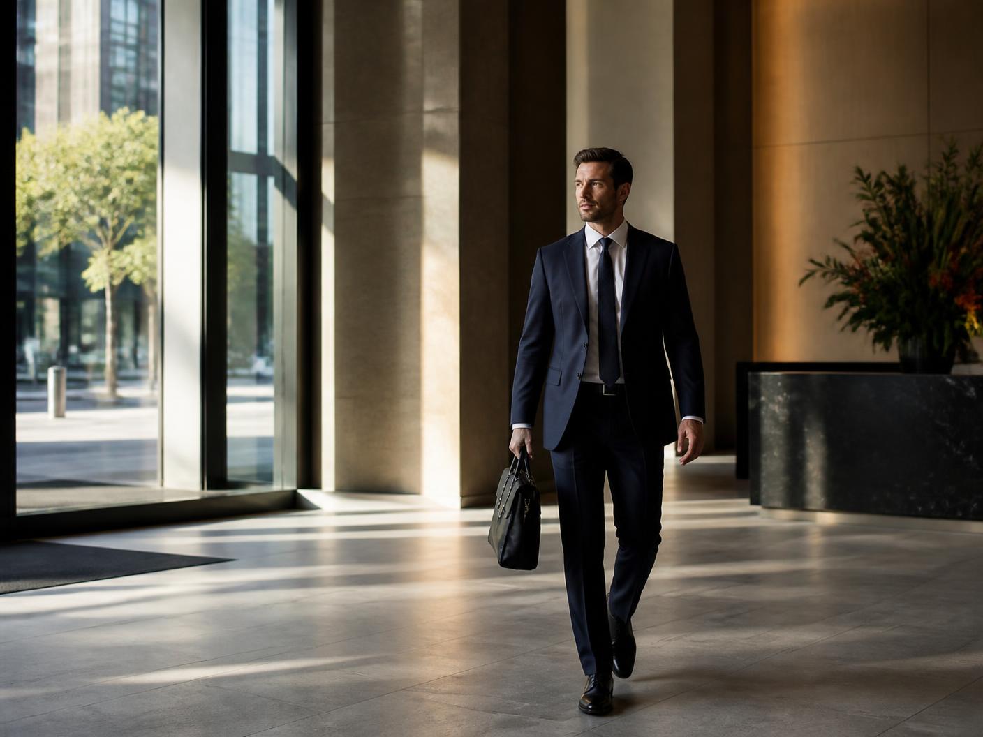 A professional arriving through a light-filled city office lobby in Australia