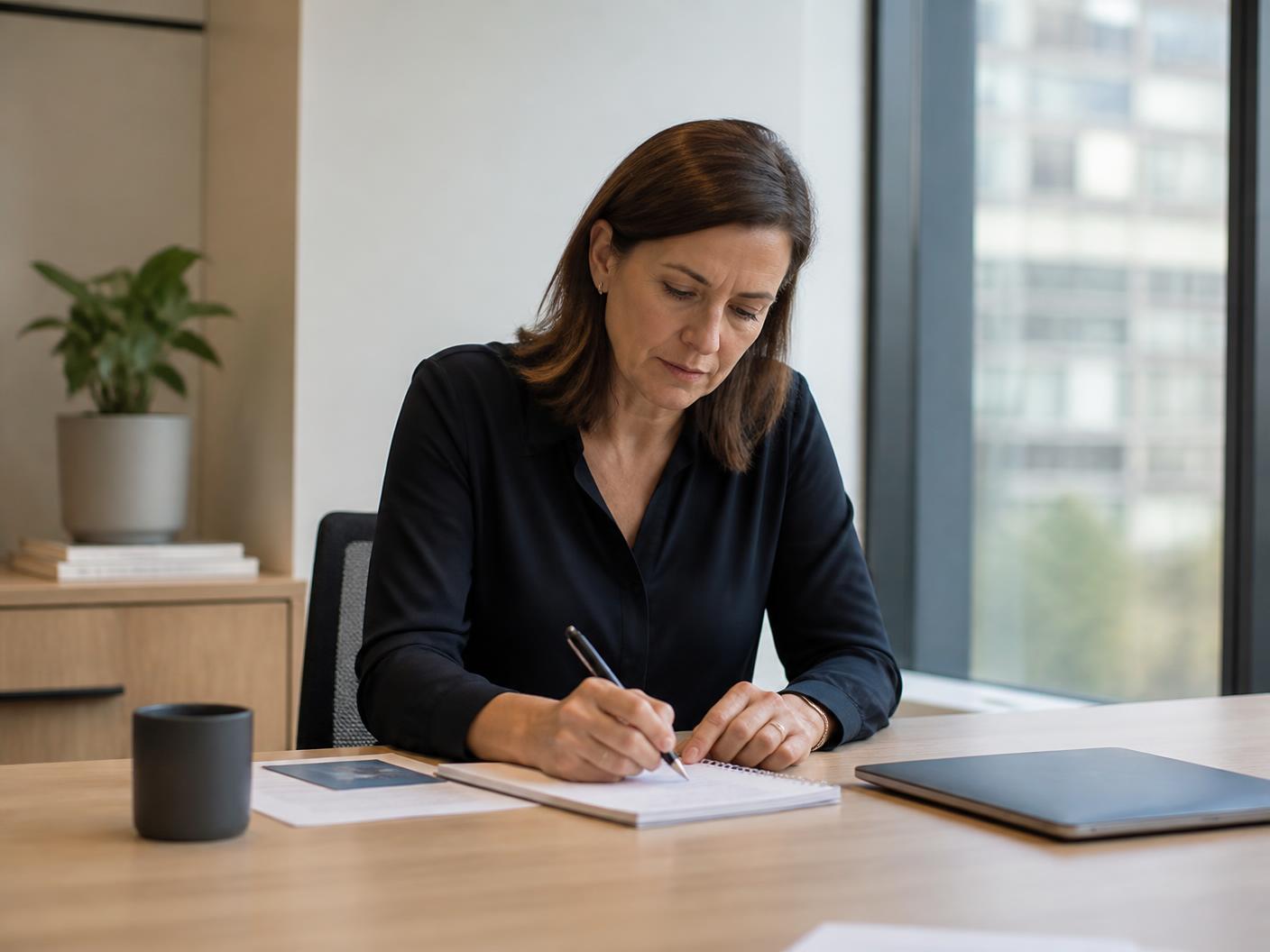 A hiring manager preparing role notes at a desk in a contemporary Australian workplace